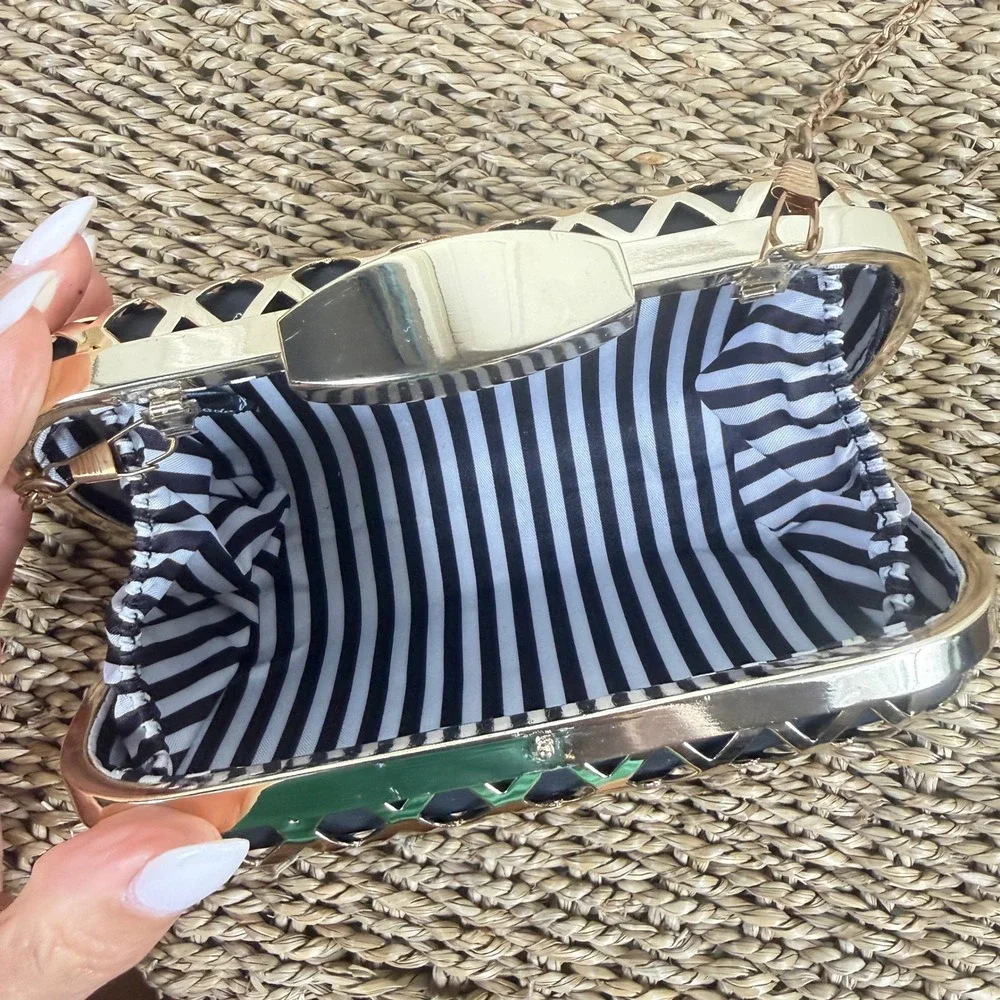 Black Gold Lattice Cage Box Clutch Evening Bag Hard Shell Glam Crossbody Chain